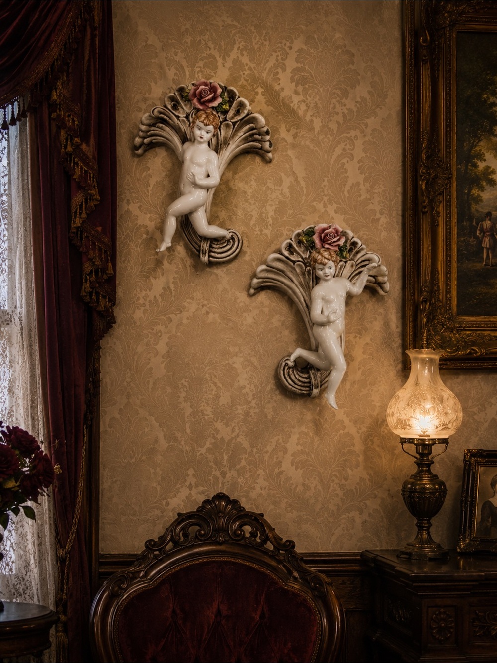 Capodimonte Wall Sconces Vases Pair Angels Putti Cornucopia